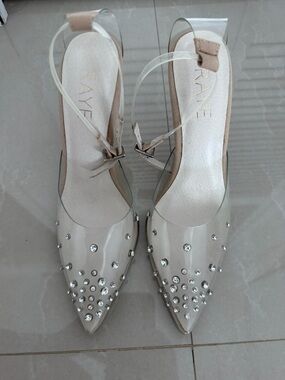 RAYE Clear PVC Pointed Slingback Heels with Nude Trim and Rhinestones
